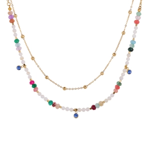 Detail of layered gold bead chain with colorful gemstone beads and blue round pendants