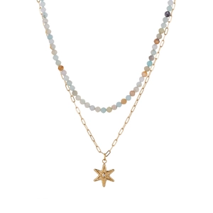 Detail of double-layer necklace with multicolor beads, gold chain and hexagram star pendant