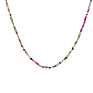 Close-up of colorful beaded necklace with faceted crystal stones and gold metallic accents