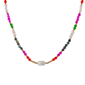 Colorful gemstone necklace with faceted beads, white pearls and gold accents on white background