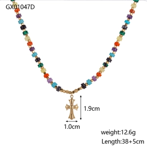 Detailed size view of colorful beaded cross necklace with dimensions 38+5cm and 12.6g weight