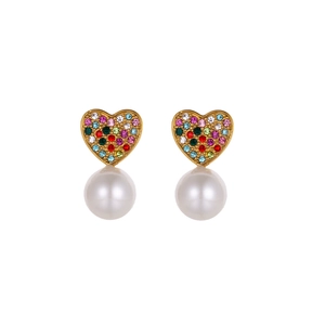 Élégantes boucles d'oreilles cœur avec strass colorés et perles blanches suspendues