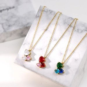 Titanium Steel Heart Bow Pendant Necklace Women Fashion Jewelry Cubic Zirconia Mother Of Artificial Pearl Shell Double Layer Necklace