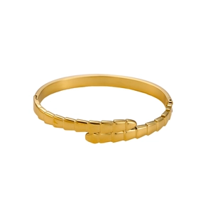 Detailed close-up of golden stainless steel bangle with luxury snakeskin scale texture