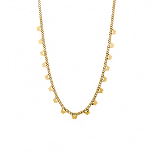 Detail of a gold butterfly charm necklace featuring multiple delicate butterfly pendants
