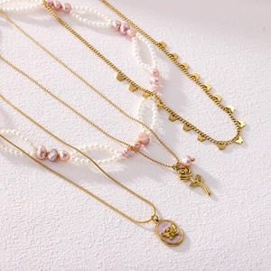 Vintage multi-layer layered necklace set with pink pearls, gold metal butterfly and rose pendants