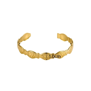 Golden stainless steel open bracelet with fish scale texture and 1.0cm width design