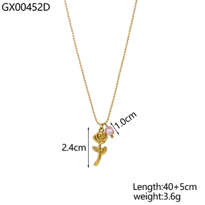 Detail of gold rose pendant with pink pearl on a beaded chain necklace, 40+5cm length