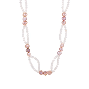 Detail of layered pearl necklace with pink baroque pearls and white round pearls