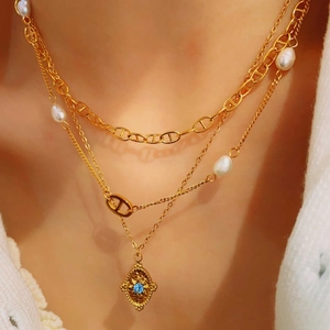 Stainless Steel Gold Plated Necklace For Women Vintage Artificial Pearl Zirconia Pendant Pig Nose Starry Coin Link Chain Commuter Jewelry