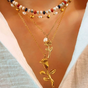 Collana in Acciaio al Titanio Retro di Lusso per Donna Placcata in Oro Rosa Fiore Perla Artificial Zirconia Ciondolo Collane a Più Strati