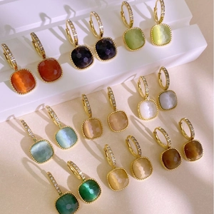 European Fashion Clear Square Gemstone Drop Earrings For Women Titanium Steel Gold Plated Pave Rhinestone Hoop Earrings