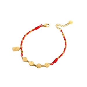 Rotes geflochtenes Armband mit goldenen Glücksbringern und chinesischen Schriftzeichen