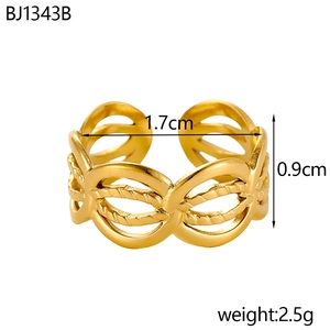 Close-up of golden stainless steel twisted rope ring with infinite knot design details