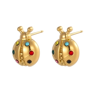 Detailed close-up of ladybug stud earrings with colorful rhinestones in gold setting