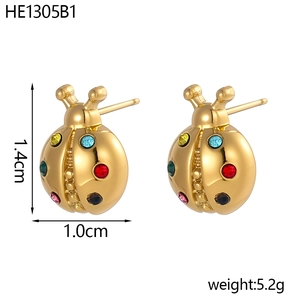 Detail of ladybug earrings with colorful rhinestones and precise dimensions