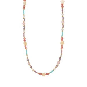 Detail of colorful beaded necklace with turquoise star charms and gold accents
