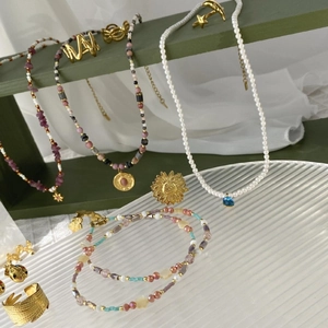 French style pearl and bead jewelry set with blue heart pendant and gold rings