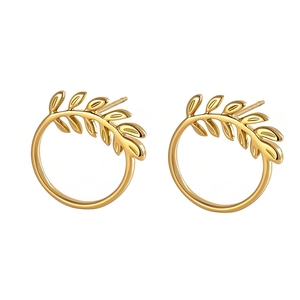 Elegant gold olive leaf wreath stud earrings with minimalist polished finish on white backdrop