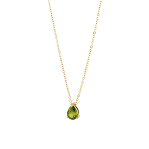 Close-up of a pear-shaped green emerald pendant on a fine golden chain with 3-prong setting