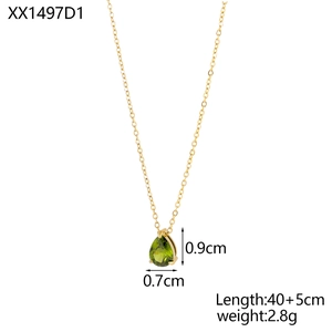 Minimalist gold chain necklace featuring a green teardrop pendant with 45cm length