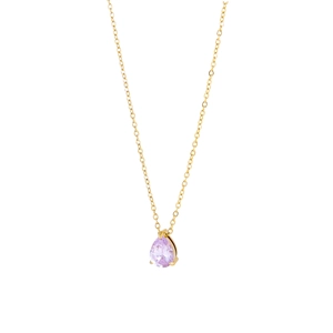 Macro detail of lavender teardrop pendant necklace with a polished gold finish
