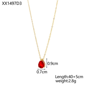 Detail view showing a 0.9cm red pear-cut zircon pendant on a 40cm gold necklace chain