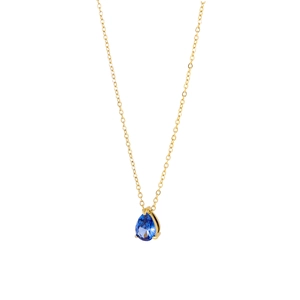Close-up of elegant gold pear-cut blue sapphire water drop pendant necklace on white base