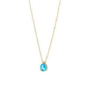 Close-up of gold pear-cut blue topaz pendant necklace with elegant prong setting