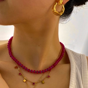 Vintage Gold Plated Titanium Steel Lava Texture Necklace Earrings Bracelet Set Colorful Beads Zirconia Women Jewelry