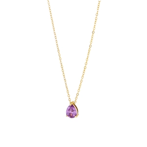 Macro detail of a pear-shaped purple gemstone on a delicate gold chain necklace