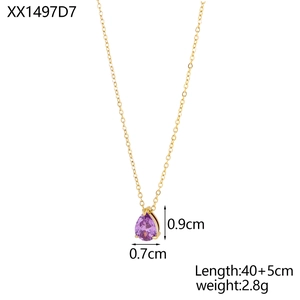 Detail of pear cut purple zircon pendant with gold plated stainless steel chain dimensions