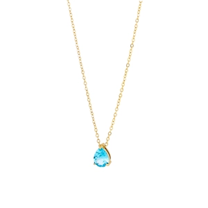 Detailed view of teardrop blue gemstone pendant with gold-plated three-prong setting necklace