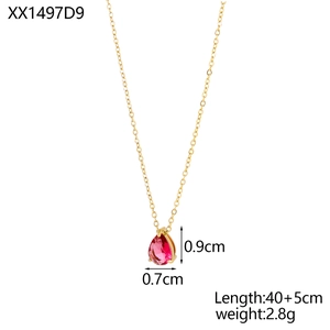 Close-up of pink pear-shaped gemstone pendant with gold three-prong setting on a fine chain
