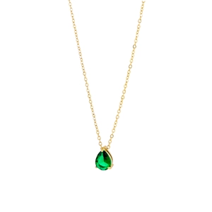 Close-up of a pear-cut green gemstone pendant on a refined gold chain necklace