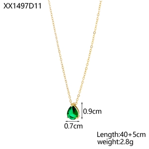 Macro detail of drop-shaped green gemstone pendant with 40+5cm gold chain specs