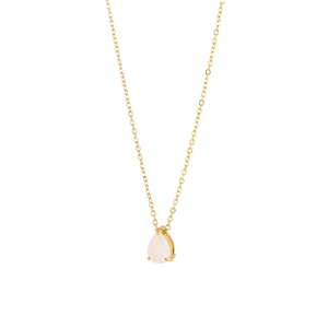 Detailed close-up of a teardrop-shaped gemstone pendant on a refined gold chain necklace