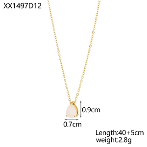 Detail view of pear-shaped stone necklace with size specs: 40+5cm length and 2.8g weight