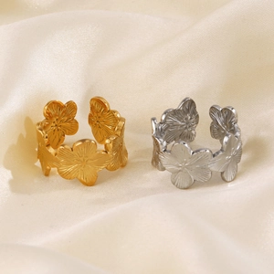 Floral stainless steel open rings in gold and silver finish with adjustable design