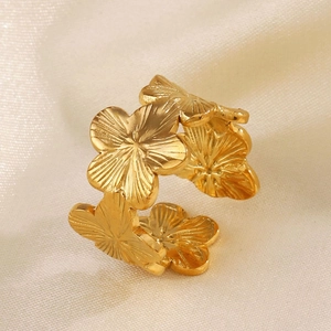 Elegant 14k gold plated stainless steel open ring with intricate floral petal design