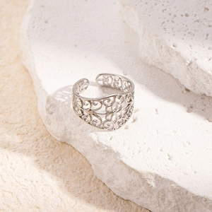 Bague vintage ajustable en acier inoxydable plaqué 14k avec motif ajouré en maille filet