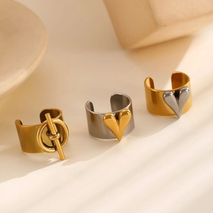 Retro stainless steel wide heart rings in two-tone gold and silver finish