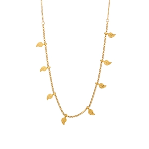 Detailed view of a gold chain necklace featuring delicate leaf pendants on white background