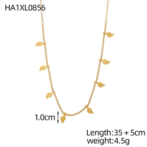 Detail of gold leaf charms necklace showing 1.0cm pendant size and 35+5cm length specs