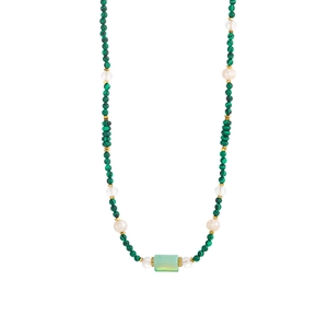 Close-up of beaded necklace with malachite beads, white pearls, and green pendant