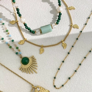 Bohemian multilayer necklace set with green natural stones, pearls and sun pendant