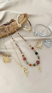 Detailliertes Set aus schlangenförmigem Schmuck in Gold und Silber auf Seidenstoff