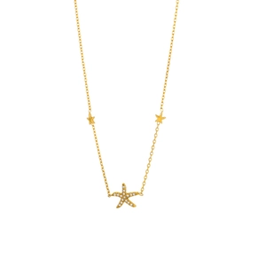 Star and moon layered tassel necklace with starfish pendant and crystal pave stones