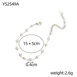 Elegant French vintage beaded bracelet with pink pearls and 15+5cm silver chain
