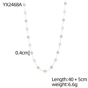 Detail of 40cm pearl and crystal bead necklace with 0.4cm beads and silver extension chain